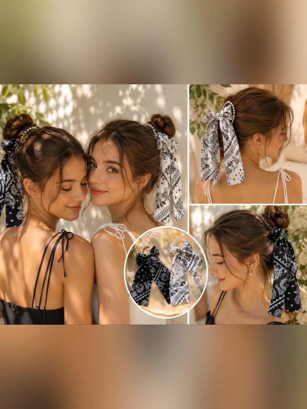 Pearl Handle Bandana Bow Hair Scarves Black & White (Set of 2)